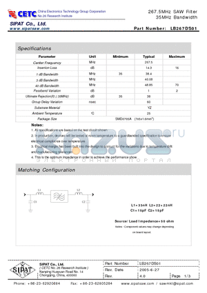 LB267DS01 datasheet - 267.5MHz SAW Filter 35MHz Bandwidth