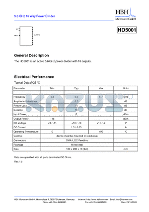 HD5001 datasheet - 5.6 GHz 16 Way Power Divider