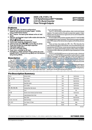 IDT71V6S80PF datasheet - 256K x 36, 512K x 18 3.3V Synchronous ZB TM SRAMs 2.5V I/O, Burst Counter Flow-Through Outputs