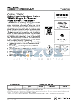 MTSF3203 datasheet - SINGLE TMOS POWER MOSFET 4.9 AMPERES 20 VOLTS RDS(on) = 0.05 OHM