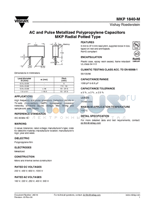 MKP1840-410-404-G datasheet - AC and Pulse Metallized Polypropylene Capacitors MKP Radial Potted Type