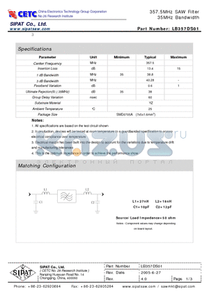 LB357DS01 datasheet - 357.5MHz SAW Filter 35MHz Bandwidth