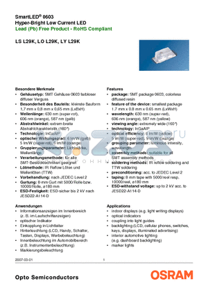 LSL29K datasheet - SmartLED^ 0603 Hyper-Bright Low Current LED Lead (Pb) Free Product - RoHS Compliant