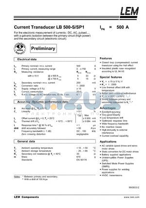 LB500-S datasheet - Current Transducer LB 500-S/SP1