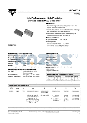 HPC0603A100GWZT5 datasheet - High Performance, High Precision Surface Mount 0603 Capacitor