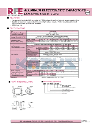 LSM101M2G220300 datasheet - ALUMINUM ELECTROLYTIC CAPACITORS LSM Series: Snap-in, 105`C