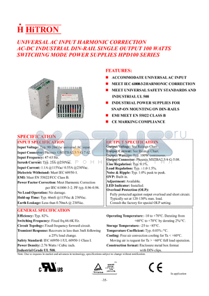 HPD100-S240042 datasheet - UNIVERSAL AC INPUT HARMONIC CORRECTION AC-DC INDUSTRIAL DIN-RAIL SINGLE OUTPUT 100 WATTS SWITCHING MODE POWER SUPPLIES