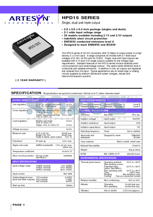 HPD15-12D15 datasheet - Single, dual and triple output 15 Watt Wide input DC/DC converters