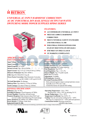 HPD65 datasheet - UNIVERSAL AC INPUT HARMONIC CORRECTION AC-DC INDUSTRIAL DIN-RAIL SINGLE OUTPUT 60 WATTS SWITCHING MODE POWER SUPPLIES