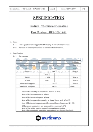 HPE-200-14-11 datasheet - Thermoelectric module