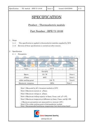 HPE-71-10-08 datasheet - Thermoelectric module