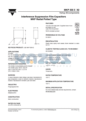 MKP3355X2 datasheet - Interference Suppression Film Capacitors MKP Radial Potted Type