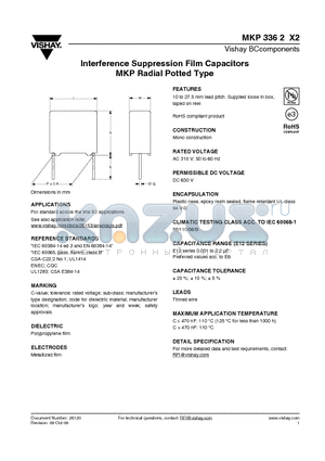 MKP3362X2 datasheet - Interference Suppression Film Capacitors MKP Radial Potted Type