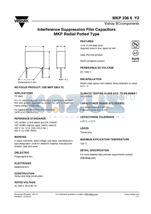 MKP3366Y2 datasheet - Interference Suppression Film Capacitors MKP Radial Potted Type