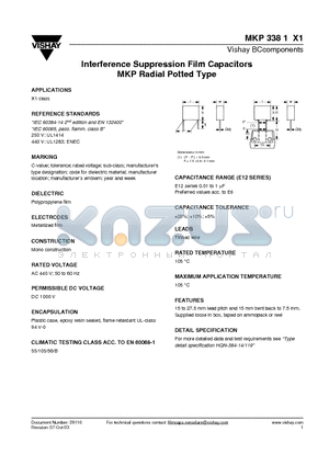 MKP3381X1 datasheet - Interference Suppression Film Capacitors MKP Radial Potted Type