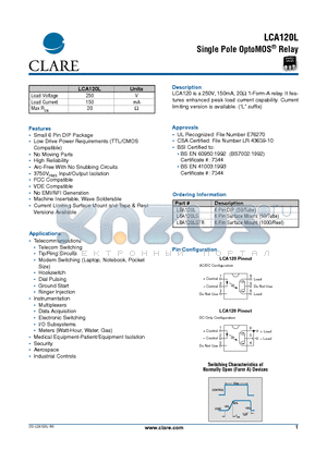 LBA120L datasheet - Single Pole OptoMOS Relay