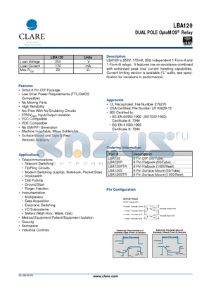 LBA120STR datasheet - DUAL POLE OptoMOS Relay