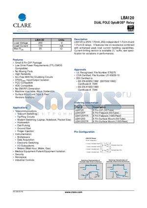 LBA120PTR datasheet - DUAL POLE OptoMOS Relay