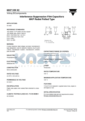 MKP339X2 datasheet - Interference Suppression Film Capacitors MKP Radial Potted Type