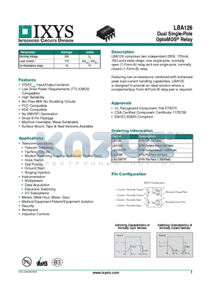 LBA126PTR datasheet - Dual Single-Pole OptoMOS Relay