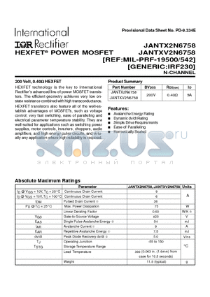 JANTX2N6758 datasheet - POWER MOSFET N-CHANNEL(BVdss=200V, Rds(on)=0.40ohm, Id=9A)