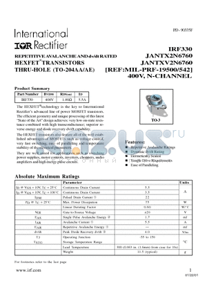 JANTX2N6760 datasheet - TRANSISTORS N-CHANNEL(Vdss=400V, Rds(on)=1.00ohm, Id=5.5A)