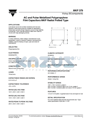 MKP379 datasheet - AC and Pulse Metallized Polypropylene Film Capacitors MKP Radial Potted Type