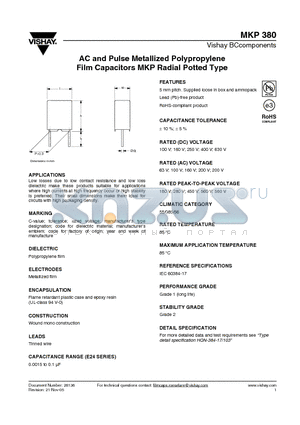 MKP380 datasheet - AC and Pulse Metallized Polypropylene Film Capacitors MKP Radial Potted Type