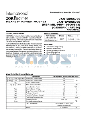 JANTX2N6766 datasheet - POWER MOSFET N-CHANNEL(BVdss=200V, Rds(on)=0.085ohm, Id=30A)