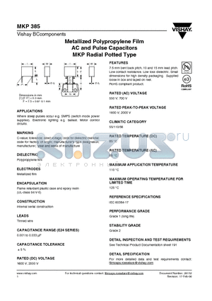 MKP385 datasheet - Metallized Polypropylene Film AC and Pulse Capacitors MKP Radial Potted Type