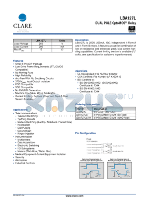 LBA127LSTR datasheet - DUAL POLE OptoMOS Relay