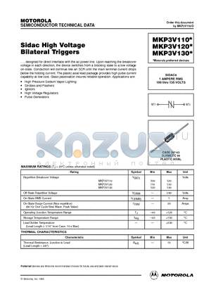 MKP3V120 datasheet - SIDACs 1 AMPERE RMS 100 thru 135 VOLTS