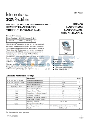 JANTX2N6770 datasheet - TRANSISTORS N-CHANNEL(Vdss=500V, Rds(on)=0.400ohm, Id=12A)