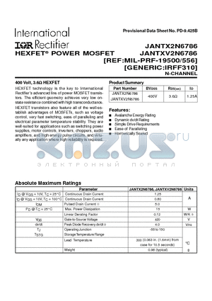 JANTX2N6786 datasheet - POWER MOSFET N-CHANNEL(BVdss=400V, Rds(on)=3.6ohm, Id=1.25A)