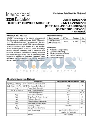 JANTX2N6770 datasheet - POWER MOSFET N-CHANNEL(BVdss=500v, Rds(on)=0.40ohm, Id=12A)