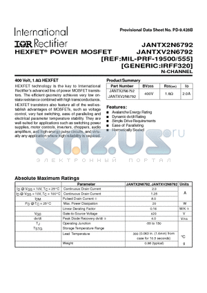 JANTX2N6792 datasheet - POWER MOSFET N-CHANNEL(BVss=400V, Rds(on)=1.8ohm, Id=2.0A)