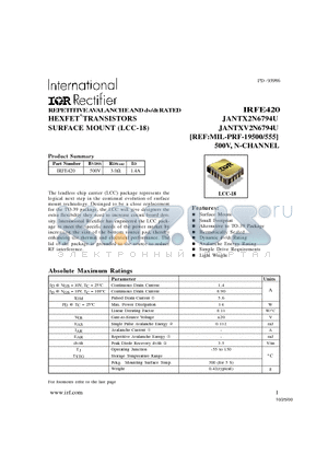 JANTX2N6794U datasheet - REPETITIVE AVALANCHE AND dv/dt RATED HEXFET TRANSISTORS