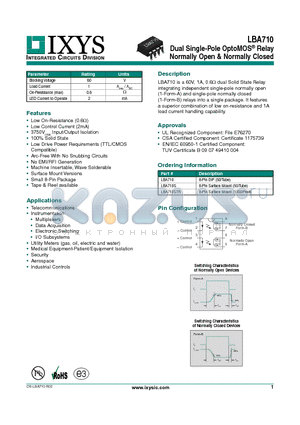 LBA710S datasheet - Dual Single-Pole OptoMOS Relay Normally Open & Normally Closed