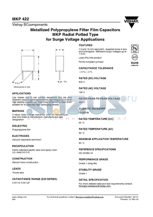 MKP422 datasheet - Metallized Polypropylene Filter Film Capacitors MKP Radial Potted Type for Surge Voltage Applications