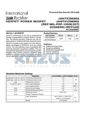 JANTX2N6802 datasheet - POWER MOSFET N-CHANNEL(BVdss=500V, Rds(on)=1.5ohm, Id=2.5A)