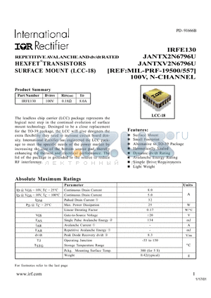 JANTX2N6796U datasheet - REPETITIVE AVALANCHE AND dv/dt RATED HEXFET TRANSISTORS SURFACE MOUNT (LCC-18)