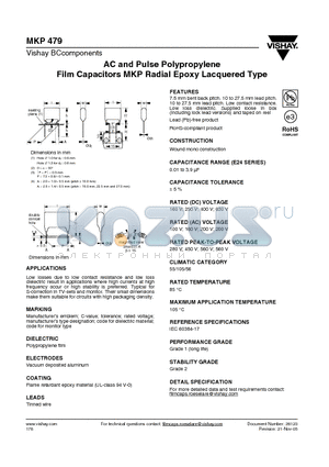 MKP479 datasheet - AC and Pulse Polypropylene Film Capacitors MKP Radial Epoxy Lacquered Type