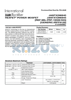 JANTX2N6845 datasheet - POWER MOSFET P-CHANNEL(BVdss=-100V, Rds(on)=0.60ohm, Id=-4.0A)