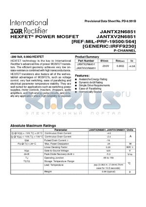 JANTX2N6851 datasheet - POWER MOSFET P-CHANNEL(BVdss=-200V, Rds(on)=0.80ohm, Id=-4.0A)