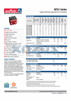 MTU1 datasheet - Isolated 1W Single Output SM DC/DC Converters