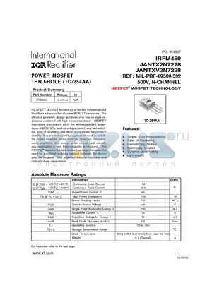 JANTX2N7228 datasheet - POWER MOSFET THRU-HOLE (TO-254AA)