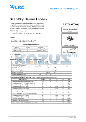 LBAT54ALT3G datasheet - Schottky Barrier Diodes Extremely Fast Switching Speed