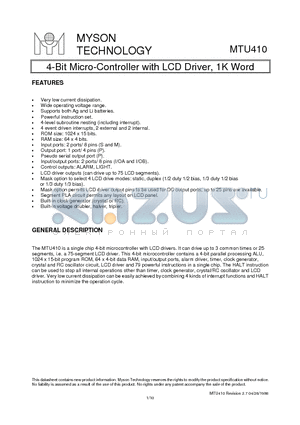 MTU410 datasheet - 4-Bit Micro-Controller with LCD Driver, 1K Word