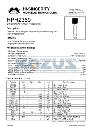 HPH2369 datasheet - NPN EPITAXIAL PLANAR TRANSISTOR