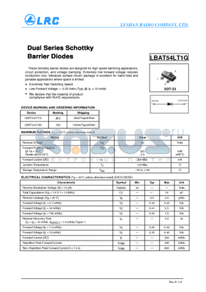 LBAT54LT1G datasheet - Dual Series Schottky Barrier Diodes Extremely Fast Switching Speed